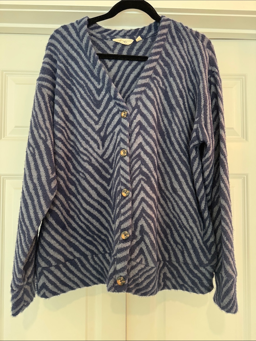 Striped V-Neck Button Cardigan Sweater in Blue